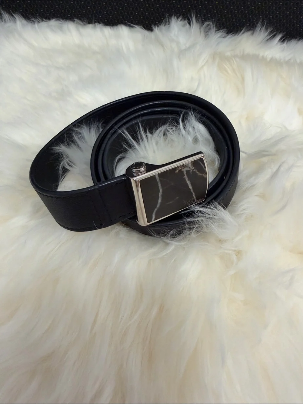 Authentic Louis Vuitton Black Leather Belt with Rectangular Stone-Inset Buckle
